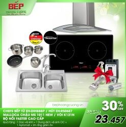 COMBO 32: bếp từ Chefs EH-DIH888P + hút mùi Chefs EH-R506E7 + chậu Malloca MS1011 New + vòi K121N + bộ nồi Faster Melody