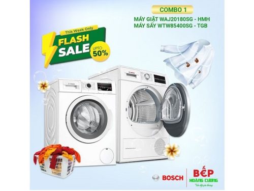 COMBO 1: Máy giặt 8kg Bosch WAJ20180SG + Máy sấy Bosch WTW85400SG