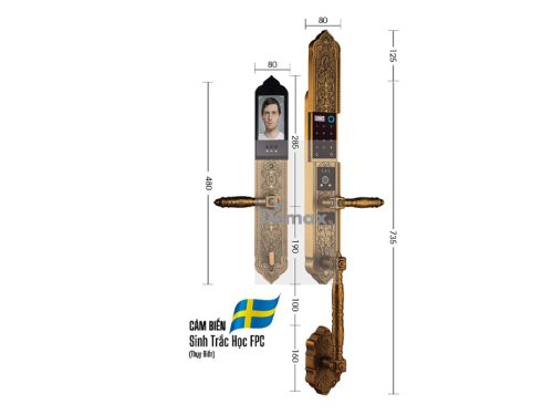 Khóa cửa đại sảnh - biệt thự Demax SL888 24K Brass App Wifi