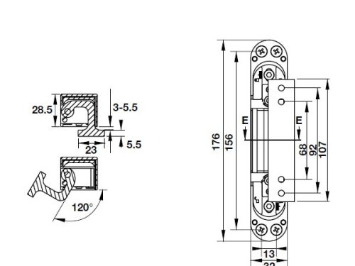 Kích thước của Bản lề âm 3D cho cửa 80Kg Hafele 927.03.049