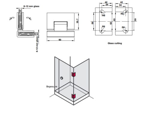 Kích thước của Bản lề kính - kính 90º màu đen Hafele 981.77.907