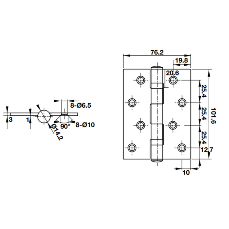 Kích thước của Bản lề lá 2 vòng bi 70Kg Hafele 926.20.063 Kích thước của Bản lề lá 2 vòng bi 70Kg Hafele 926.20.063