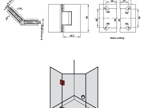 Kích thước của Bản lề phòng tắm kính 135º Hafele 981.77.904