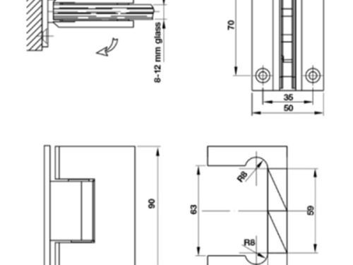 Kích thước của Bản lề tường - kính 90 độ màu đen Hafele 981.77.901