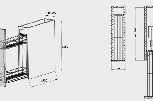 Kích thước của Bộ rổ kéo Hafele 549.34.021 cho tủ hẹp 200mm