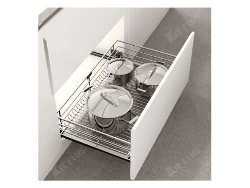 Giá xoong nồi nan tròn Inox mờ, ray giảm chấn Kit Plus DG90S