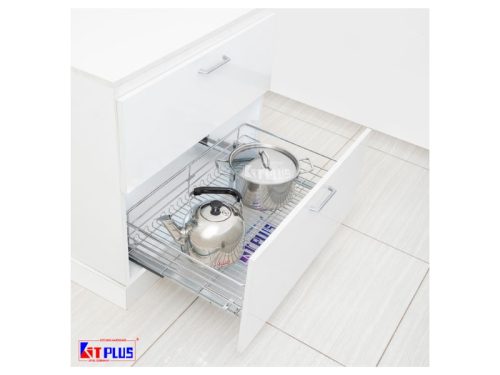 Giá xoong nồi nan tròn Inox mờ, ray giảm chấn Kit Plus DG90S