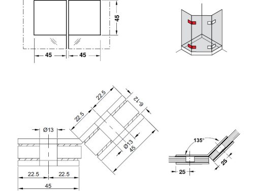 Kích thước của Kẹp kính - kính phòng tắm 135º Hafele 981.77.914