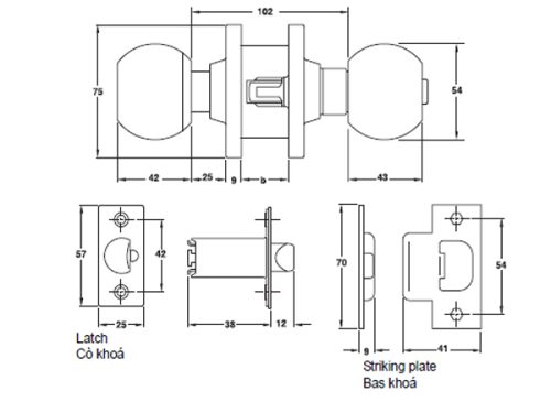 Kích thước của Khóa tay nắm tròn cửa kho loại lớn Hafele 911.64.270