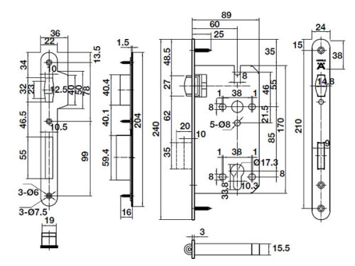 Kích thước của Thân khóa con lăn Hafele 911.24.032