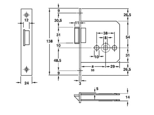 Kích thước của Thân khóa lưỡi gà Hafele 911.23.438