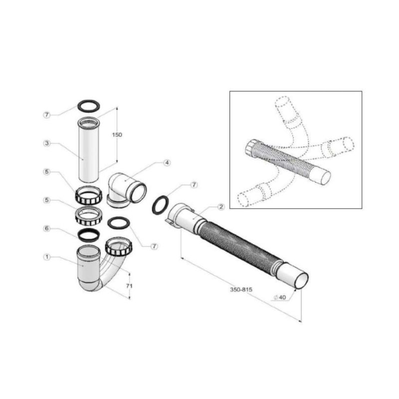 Thiết kế của bộ ống xả syphon Reginox M2008 R23471 Thiết kế của bộ ống xả syphon Reginox M2008 R23471