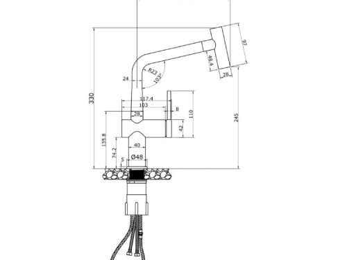 Kích thước vòi rửa bát nóng lạnh Konox Volta Chrome có dây rút