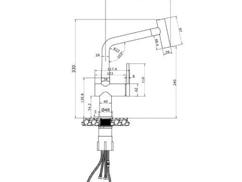 Kích thước vòi rửa bát nóng lạnh Konox Volta Black có dây rút
