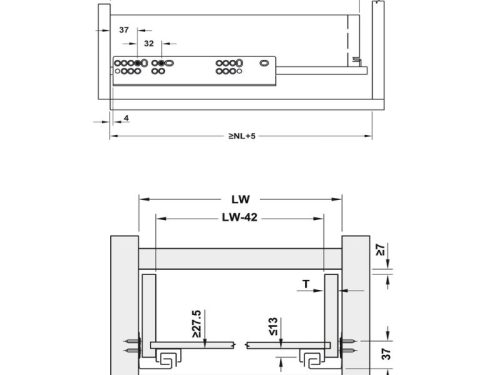 Kích thước ray âm EPC Evo 350mm giảm chấn Hafele 433.32.072