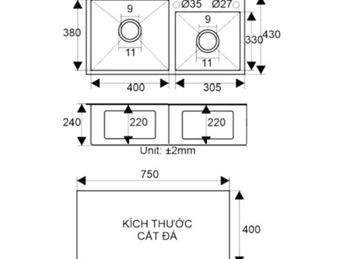 Kích thước chậu rửa bát inox 2 hố Binova CBI-7843