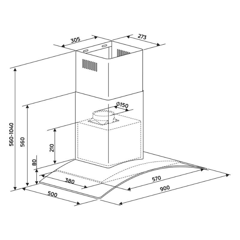 Kích thước máy hút mùi áp tường Binova BI-77-GT-09 Kích thước máy hút mùi áp tường Binova BI-77-GT-09