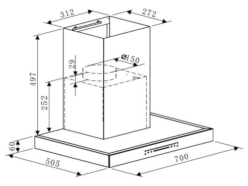 Kích thước máy hút mùi áp tường Hafele HC-W705B 533.87.377