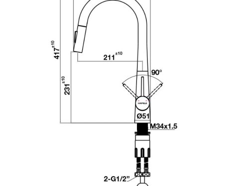 Kích thước vòi rửa bát Hafele HT24-SH1P417-BR 570.85.041 có dây rút