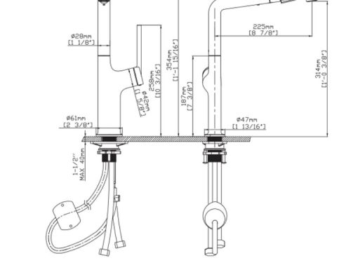 Kích thước vòi rửa bát nóng lạnh Kluger KLF0001C có dây rút