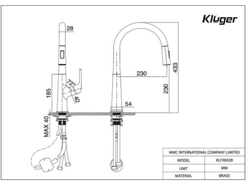 Kích thước vòi rửa bát nóng lạnh Kluger KLF0002B có dây rút
