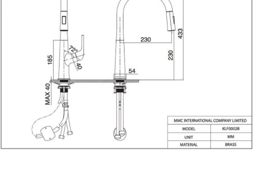 Kích thước vòi rửa bát nóng lạnh Kluger KLF0002C có dây rút