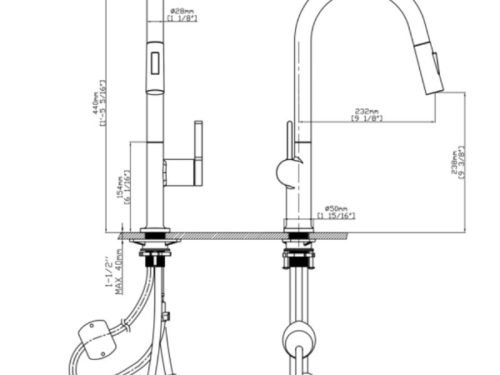 Kích thước vòi rửa bát nóng lạnh Kluger KLF0003C có dây rút