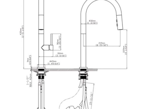 Kích thước vòi rửa bát nóng lạnh Kluger KLF0010B có dây rút