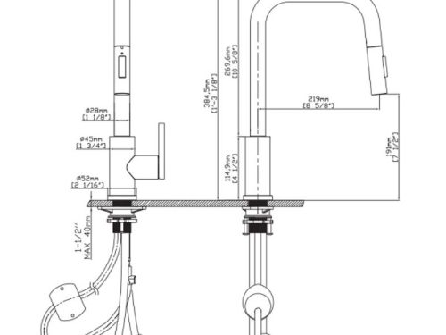Kích thước vòi rửa bát nóng lạnh Kluger KLF0011C có dây rút