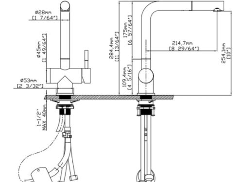 Kích thước vòi rửa bát nóng lạnh Kluger KLF0013C có dây rút