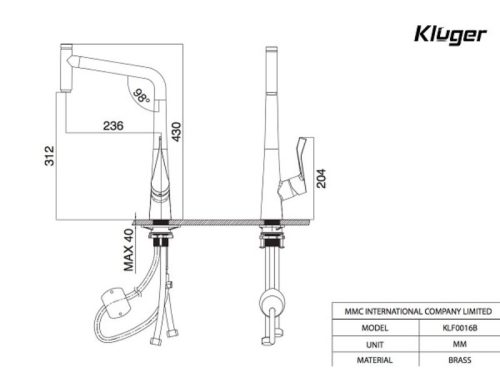 Kích thước vòi rửa bát nóng lạnh Kluger KLF0016C có dây rút