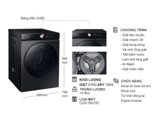 kich thuoc may giat say samsung inverter giat 21 kg say 12 kg wd21b6400kv sv