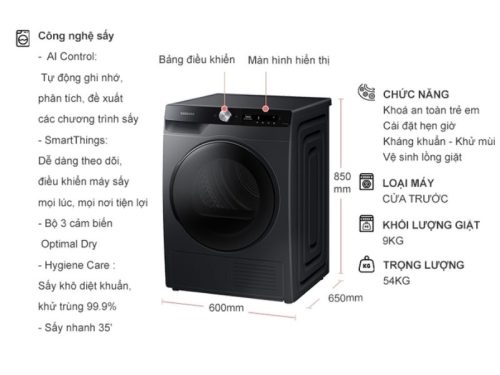 kich thuoc may say bom nhiet samsung ai inverter 9 kg dv90t7240bb sv