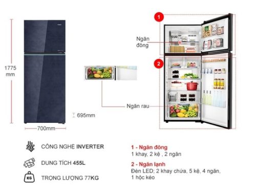 Tủ Lạnh 2 cánh Inverter 455 Lít Aqua AQR-TA518FA(GL)U1 2 kich thuoc tu lanh 2 canh inverter 455 lit aqua aqr ta518faglu1