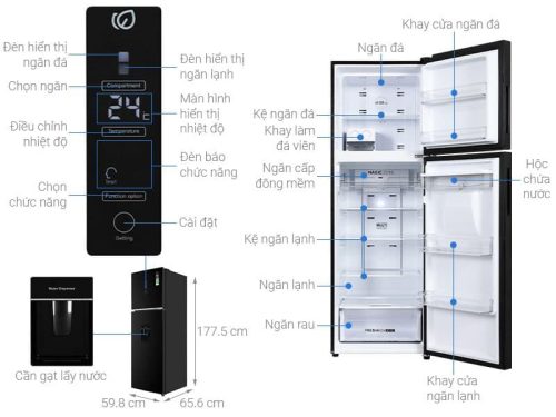 kich thuoc tu lanh 2 canh ngan da tren inverter 347 lit aqua aqr t400fa wfb