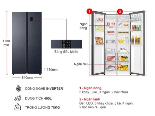 Tủ Lạnh 2 cánh side by side Inverter 490 Lít Aqua AQR-S552XA(CBC) 2 kich thuoc tu lanh 2 canh side by side inverter 490 lit aqua aqr s552xacbc