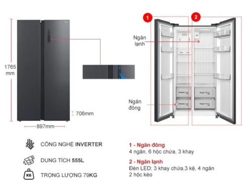 Tủ Lạnh 2 cánh side by side Inverter 555 Lít Toshiba GR-RS696WI-PMV(60)-AG 2 kich thuoc tu lanh 2 canh side by side inverter 555 lit toshiba gr rs696wi pmv60 ag