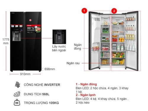 Tủ Lạnh 2 cánh side by side Inverter 568 Lít Toshiba GR-RS755WIA-PGV(22)-XK 2 kich thuoc tu lanh 2 canh side by side inverter 568 lit toshiba gr rs755wia pgv22 xk