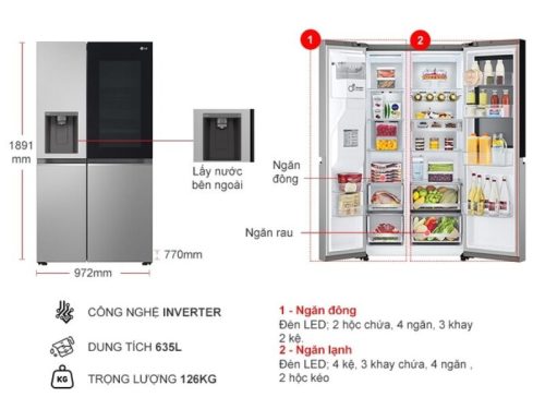 Tủ Lạnh 2 cánh side by side Inverter 635 Lít LG GR-G257SV 3 kich thuoc tu lanh 2 canh side by side inverter 635 lit lg gr g257sv