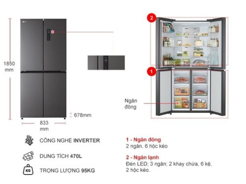 Tủ Lạnh 4 cánh Multi Door Inverter 470 Lít LG GR-B50BL 3 kich thuoc tu lanh 4 canh multi door inverter 470 lit lg gr b50bl