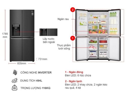 Tủ Lạnh 4 cánh Multi door Inverter 570 Lít LG GR-D22MB 3 kich thuoc tu lanh 4 canh multi door inverter 570 lit lg gr d22mb