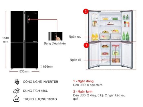 Tủ Lạnh 4 cánh Multi doors Inverter 456 Lít Aqua AQR-IG525AM (GB) 2 kich thuoc tu lanh 4 canh multi doors inverter 456 lit aqua aqr ig525am gb
