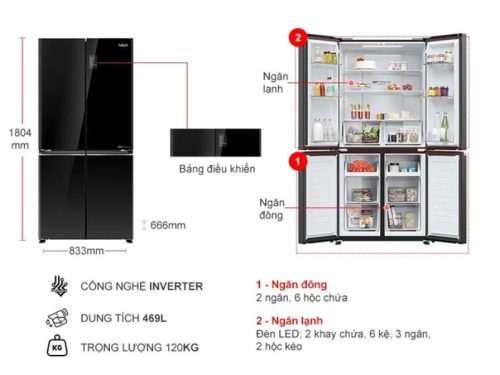 kich thuoc tu lanh 4 canh multi doors inverter 469 lit aqua aqr m536xagb