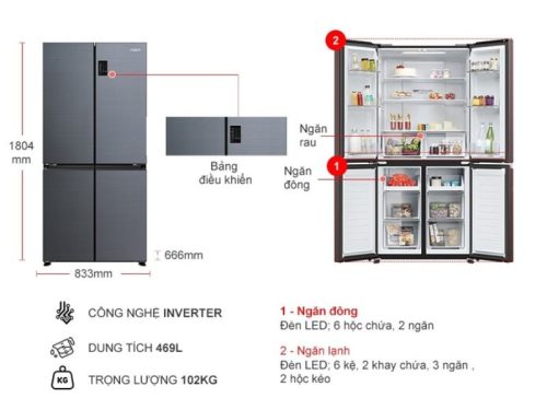 Tủ Lạnh 4 cánh Multi Doors Inverter 469 Lít Aqua AQR-M536XA(SL) 2 kich thuoc tu lanh 4 canh multi doors inverter 469 lit aqua aqr m536xasl