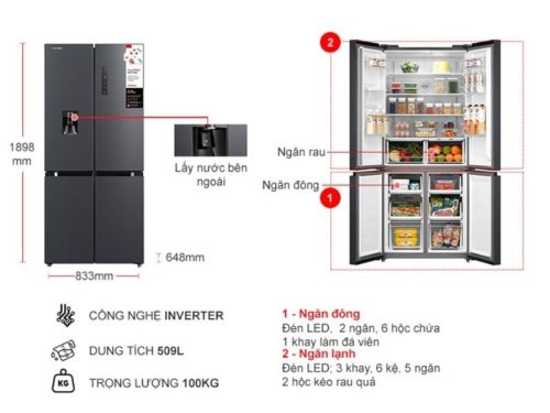 Tủ Lạnh 4 cánh Multi doors Inverter 509 Lít Toshiba GR-RF605WI-PMV(06)-MG 2 kich thuoc tu lanh 4 canh multi doors inverter 509 lit toshiba gr rf605wi pmv06 mg