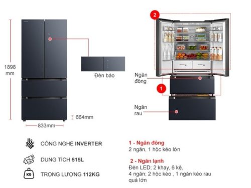 Tủ Lạnh 4 cánh Multi doors Inverter 515 Lít Toshiba GR-RF669WI-PGV(A9)-BG 2 kich thuoc tu lanh 4 canh multi doors inverter 515 lit toshiba gr rf669wi pgva9 bg