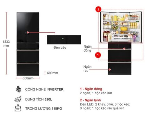 Tủ Lạnh 6 cánh Multi door Inverter 520 Lít Hitachi R-HW540RV XK 2 kich thuoc tu lanh 6 canh multi door inverter 520 lit hitachi r hw540rv xk