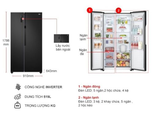 Tủ Lạnh 2 cánh side by side Inverter 519 Lít LG GR-B256BL 3 kich thuoc tu lanh 2 canh side by side inverter 519 lit lg gr b256bl